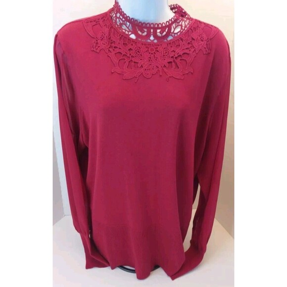 Notation Maroon Shirt Lace Collar With Sheer Sleeves Top XL Whimseygoth Sweater - Picture 1 of 7